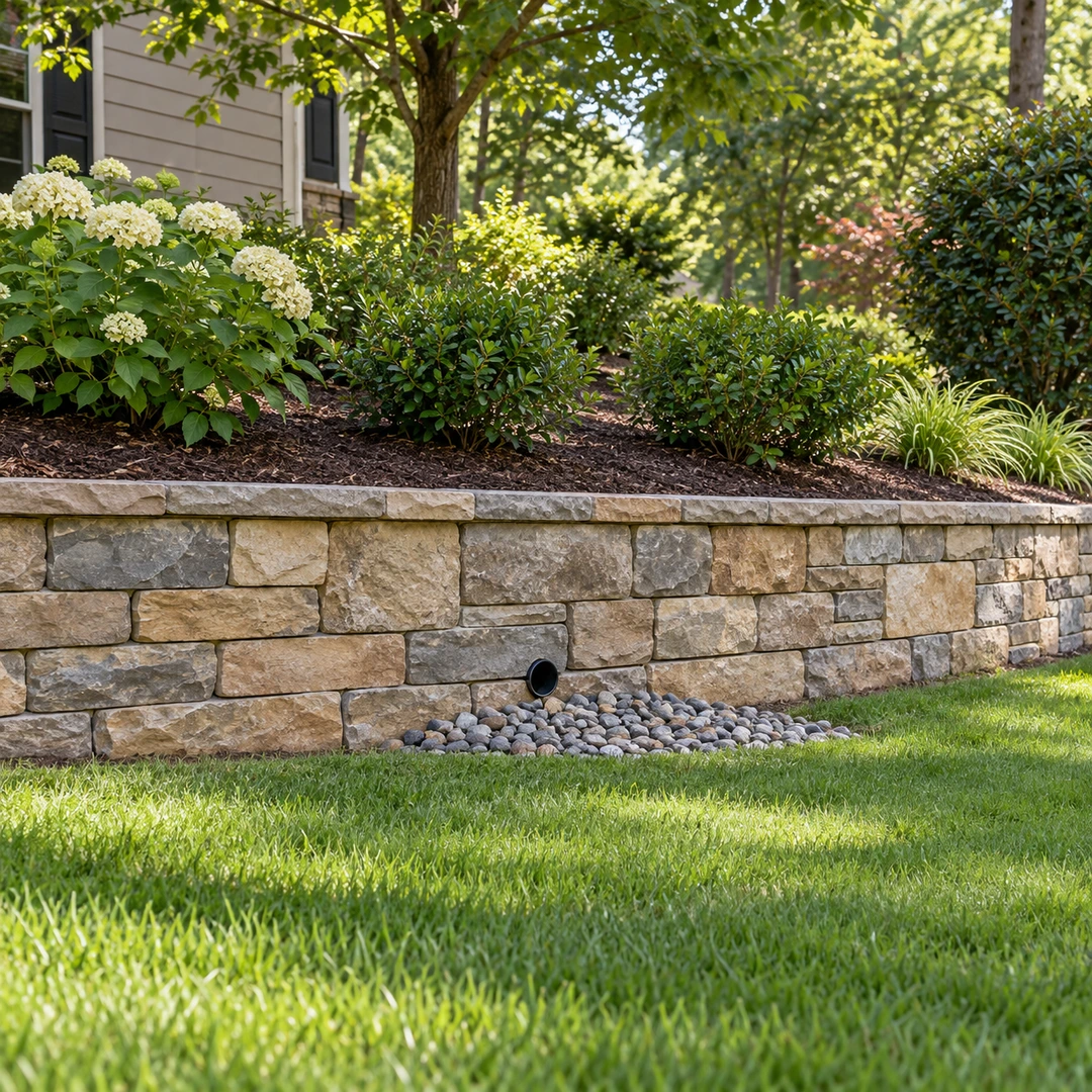 Finished stone wall with an outlet above gravel