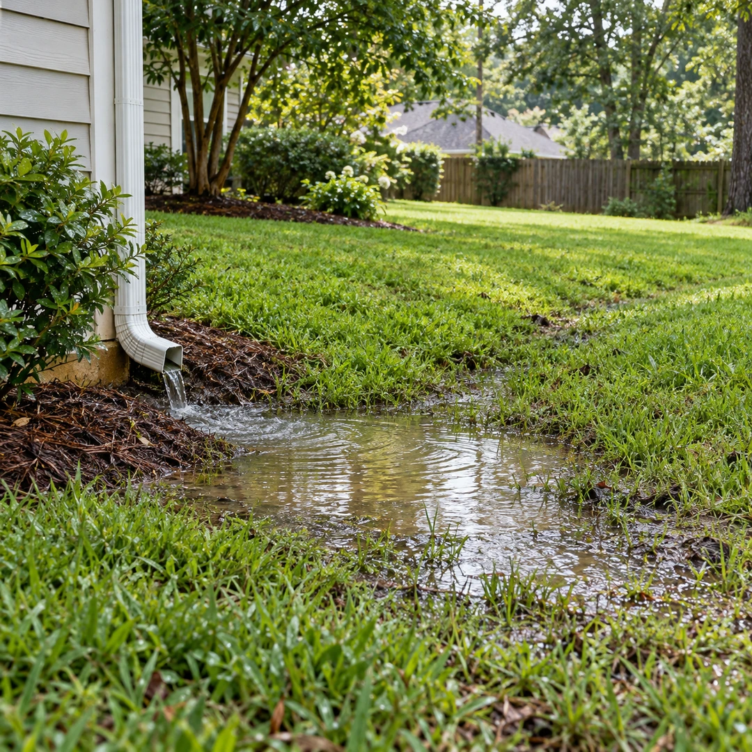 Shallow pooling beside a downspout in a lawn swale