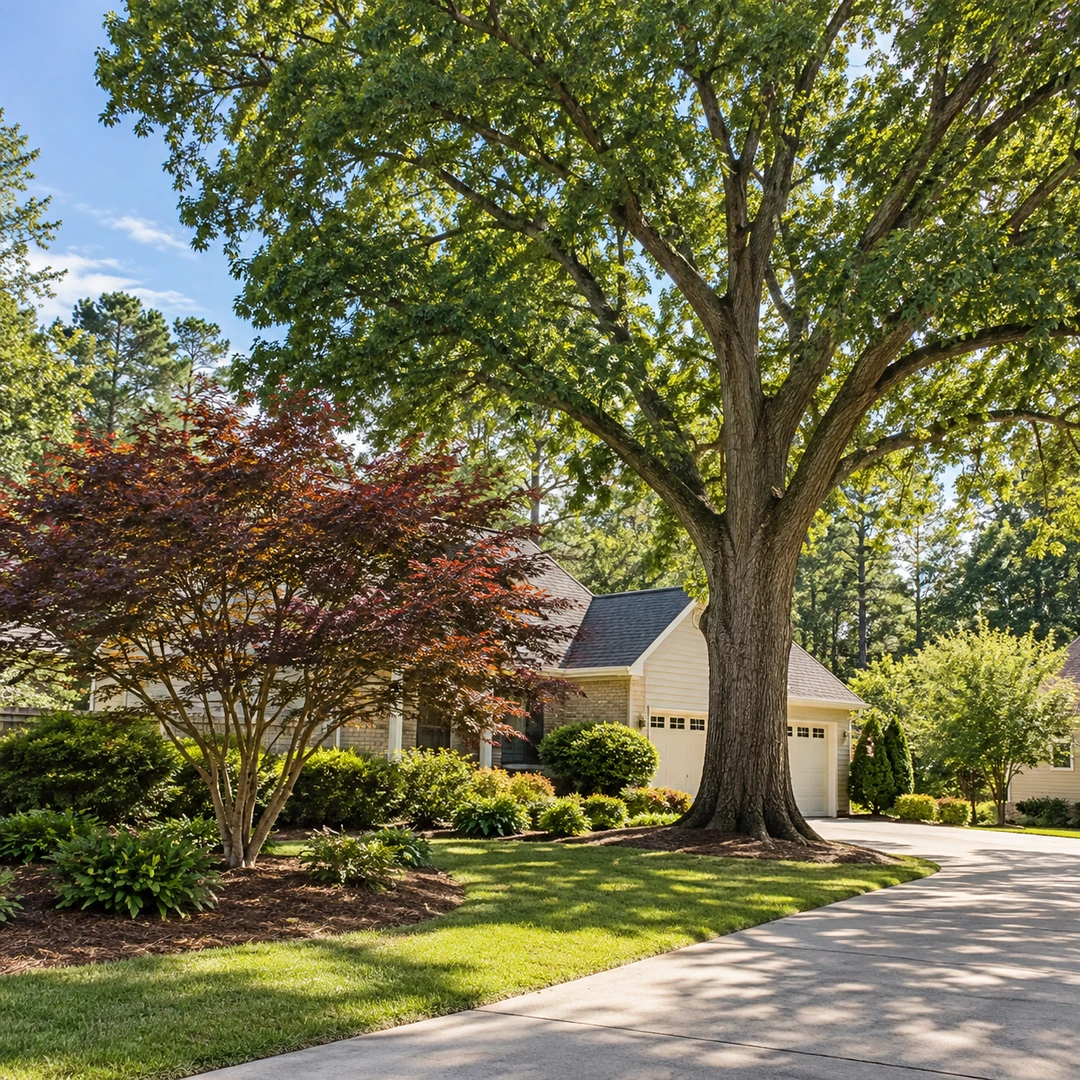 Large healthy shade tree beside a smaller ornamental tree