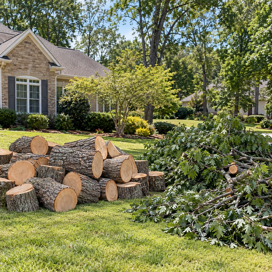 Trunk rounds and leafy branches in separate tidy groups