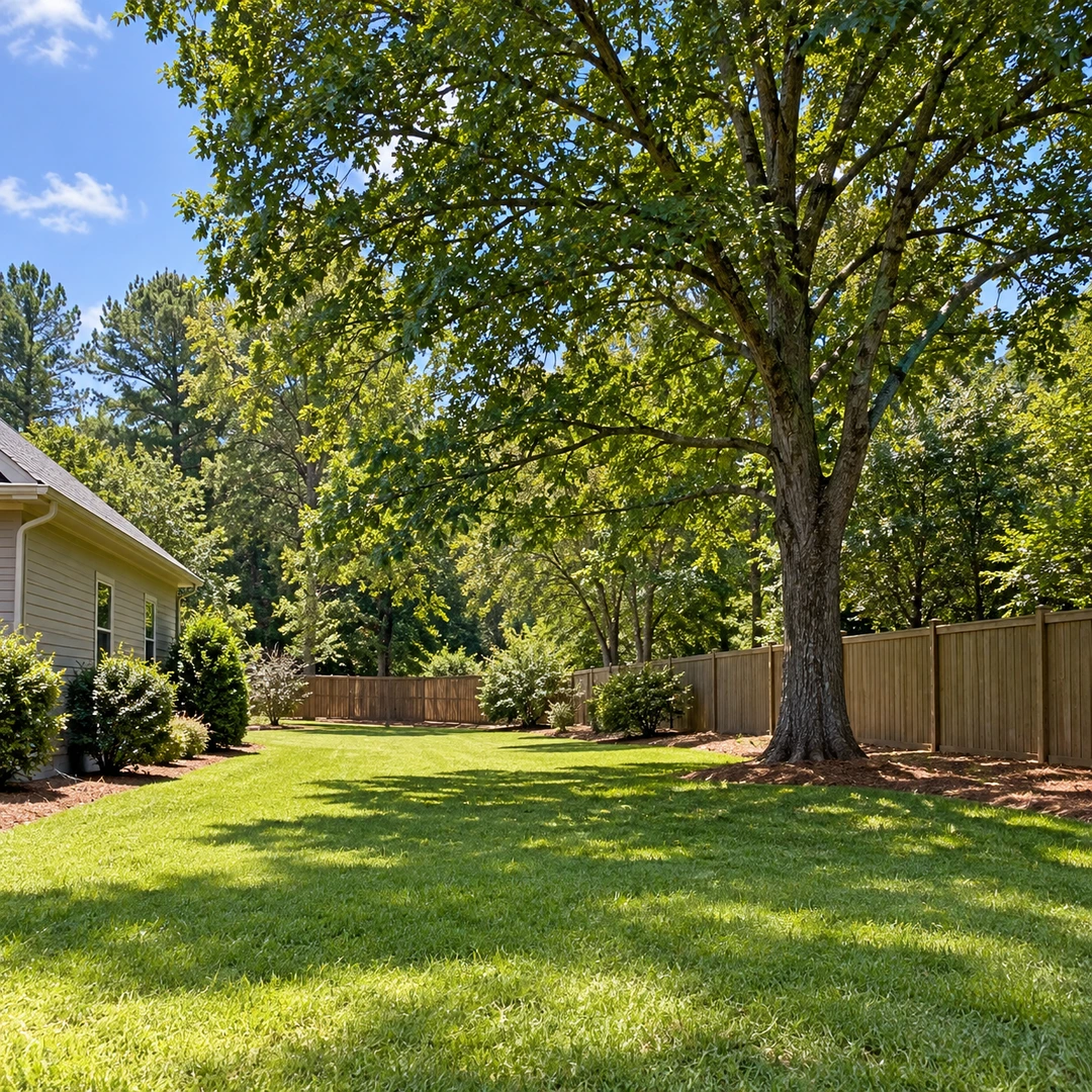 Mature tree near a wooden fence with clear lawn access