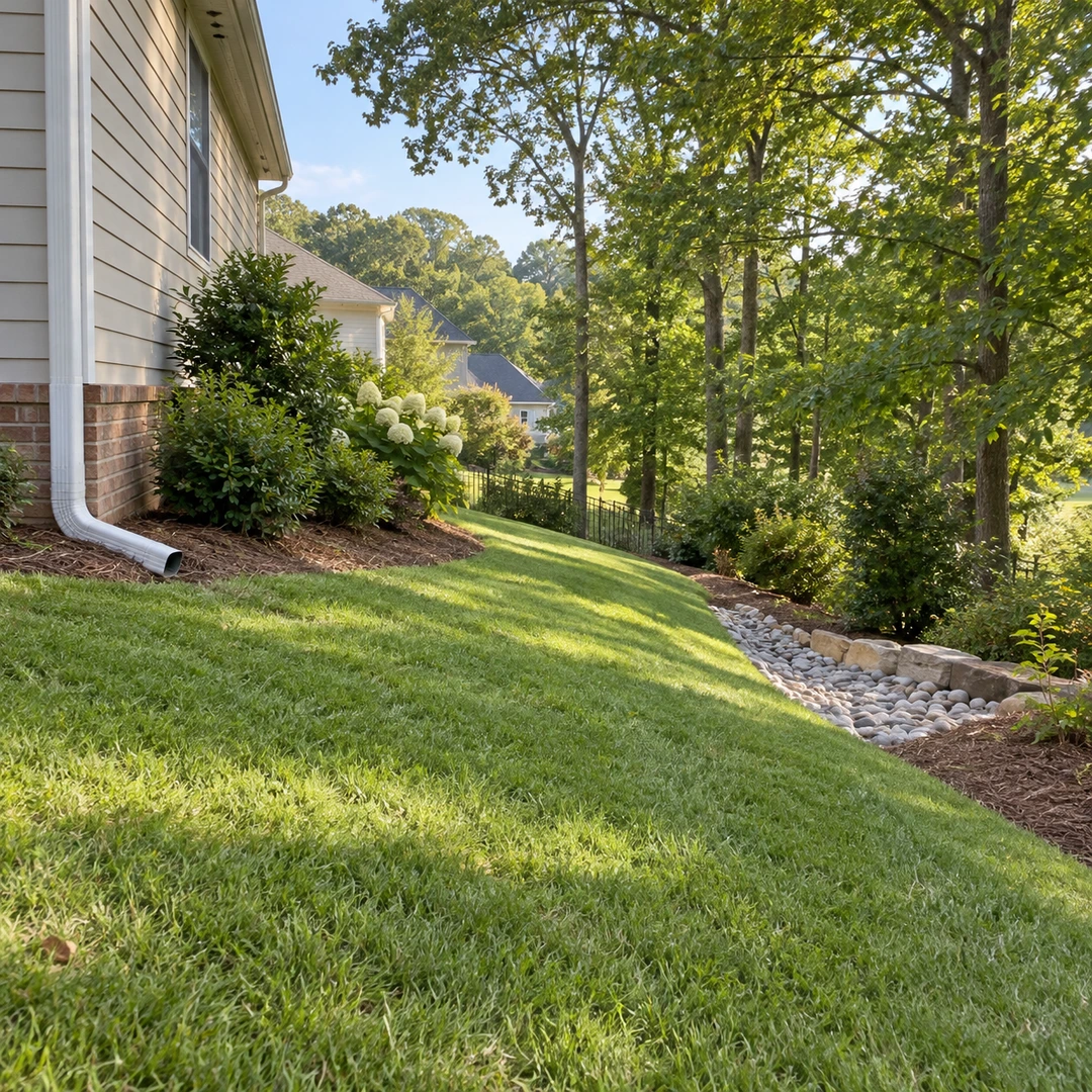 Side lawn with downspout and grade toward a stone receiving area