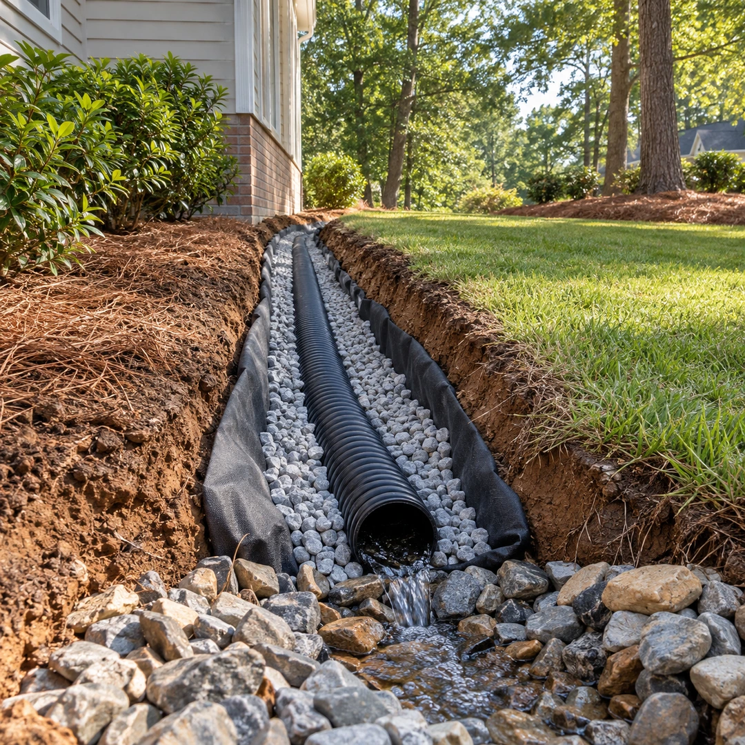 French drain trench with gravel bedding and filter fabric