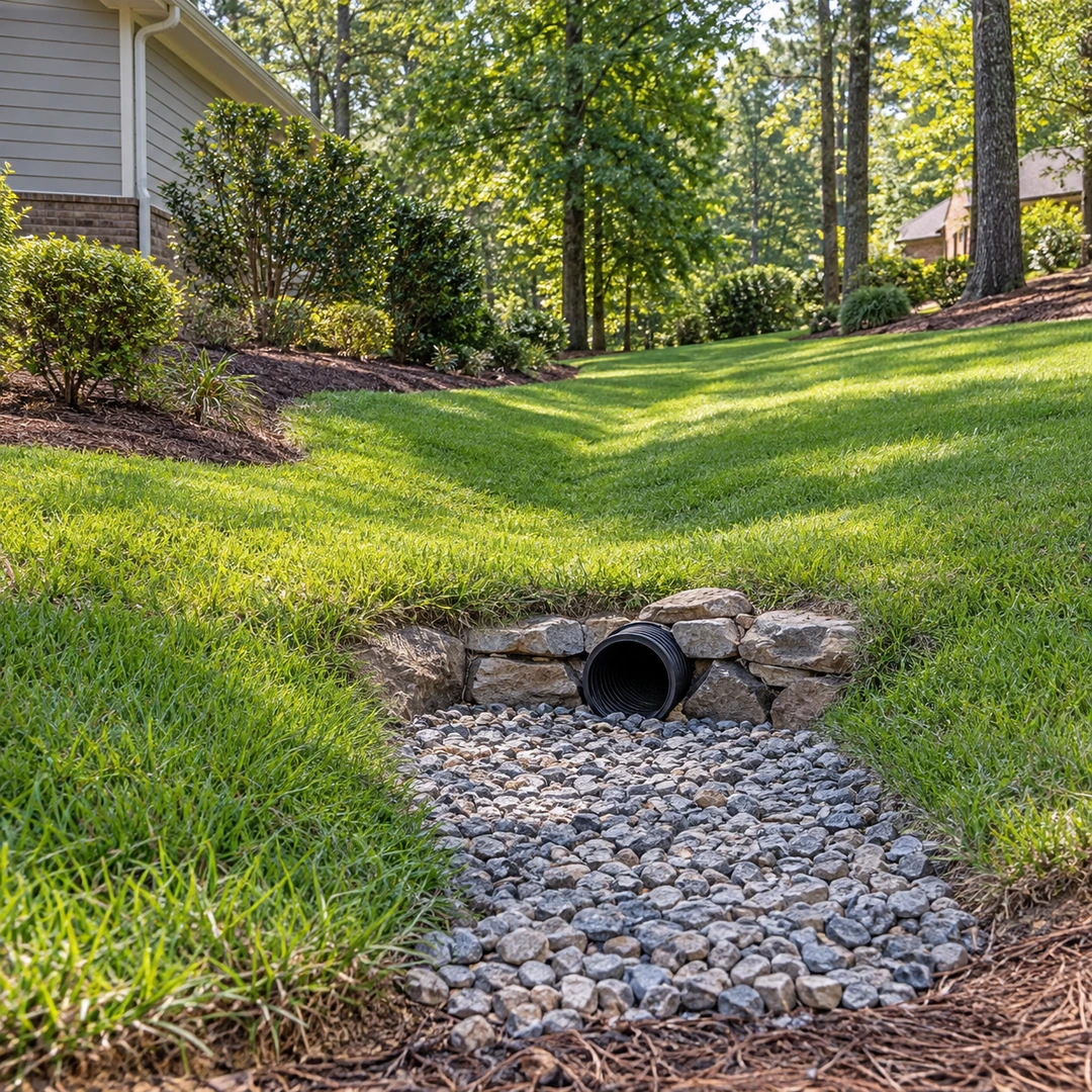 Finished grass swale leading to an unobstructed drain outlet