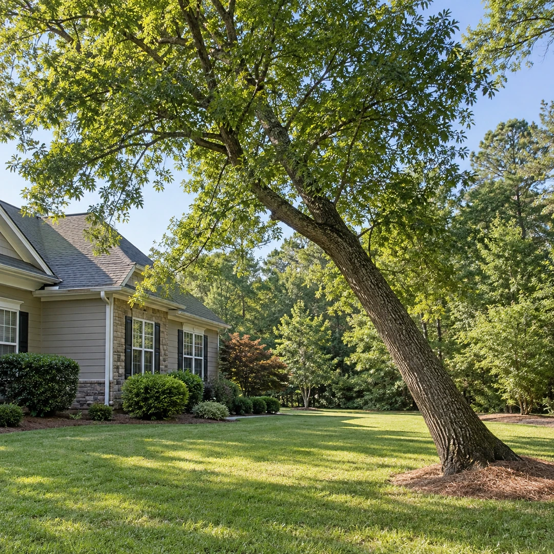 Moderately leaning mature tree near a suburban house