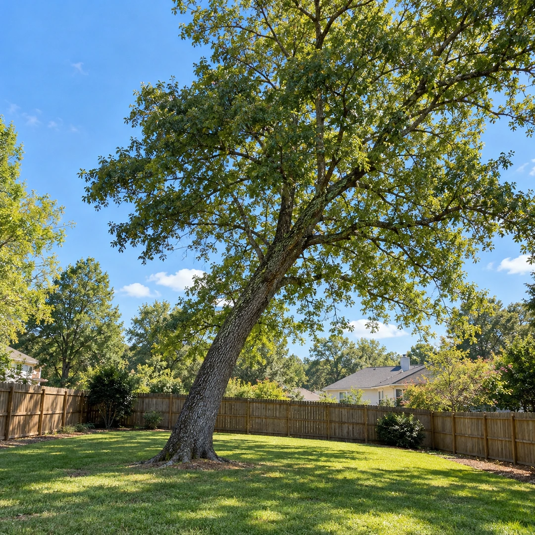 Leaning tree in a fenced yard with clear ground