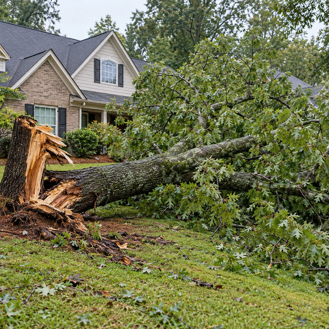 Storm fallen leafy tree with a splintered trunk on lawn