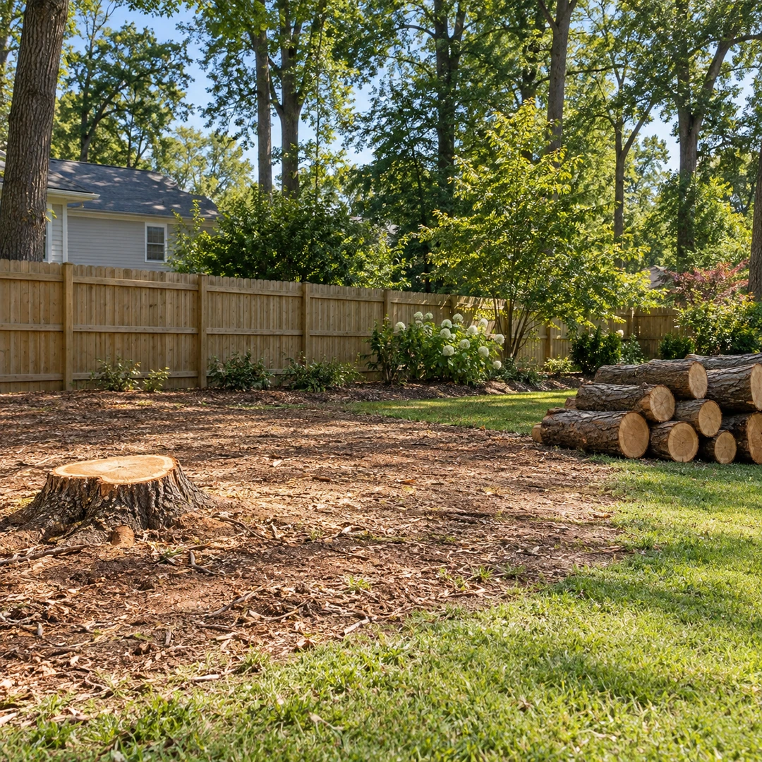 Cleared tree work area with a low stump and neat logs