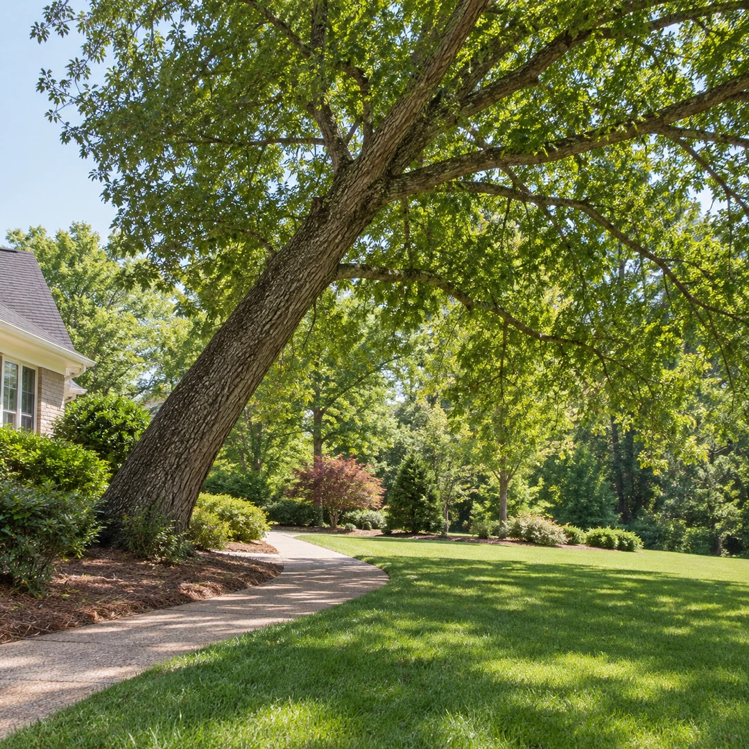 Leaning tree beside an empty garden path
