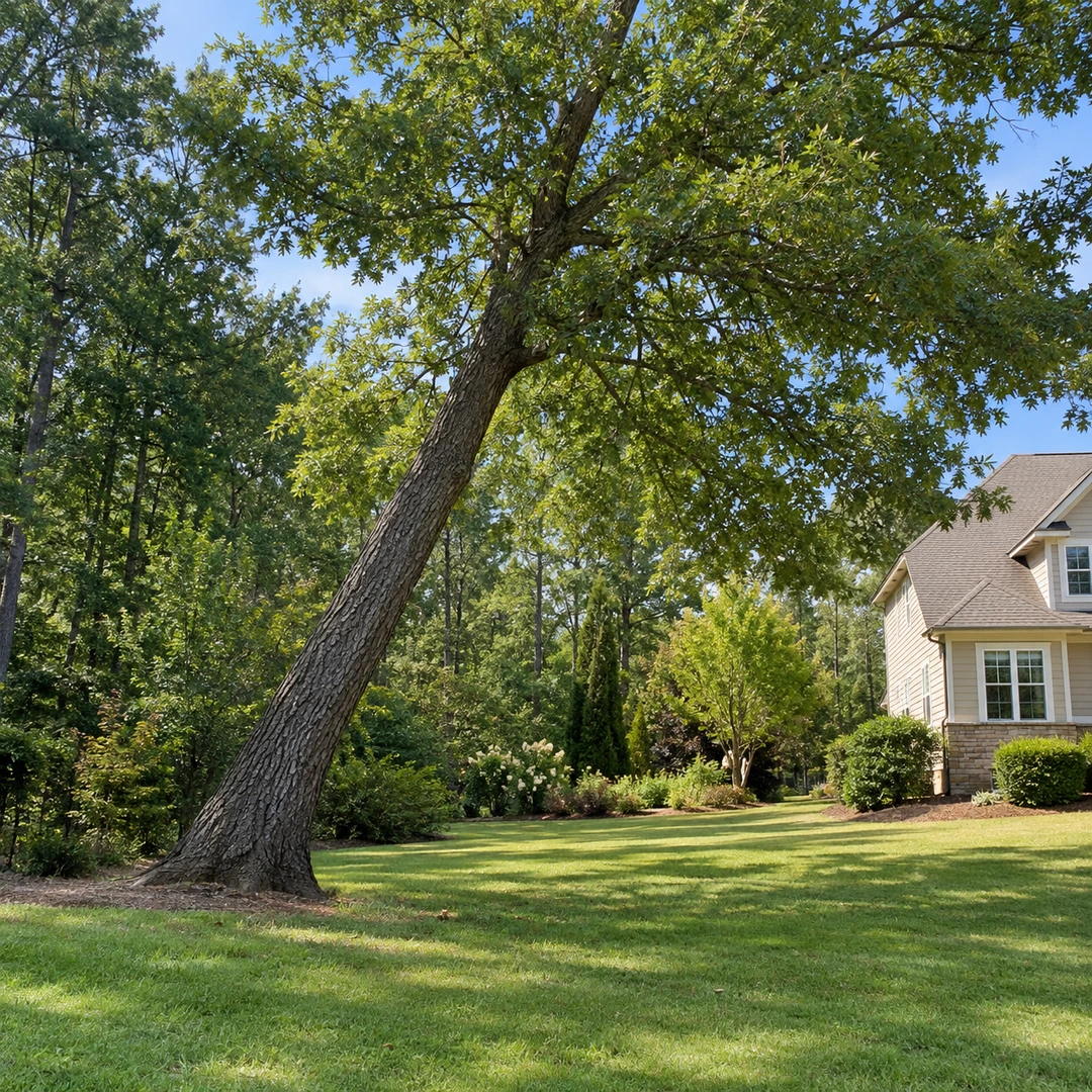 Side view of a leaning tree and open grass working space