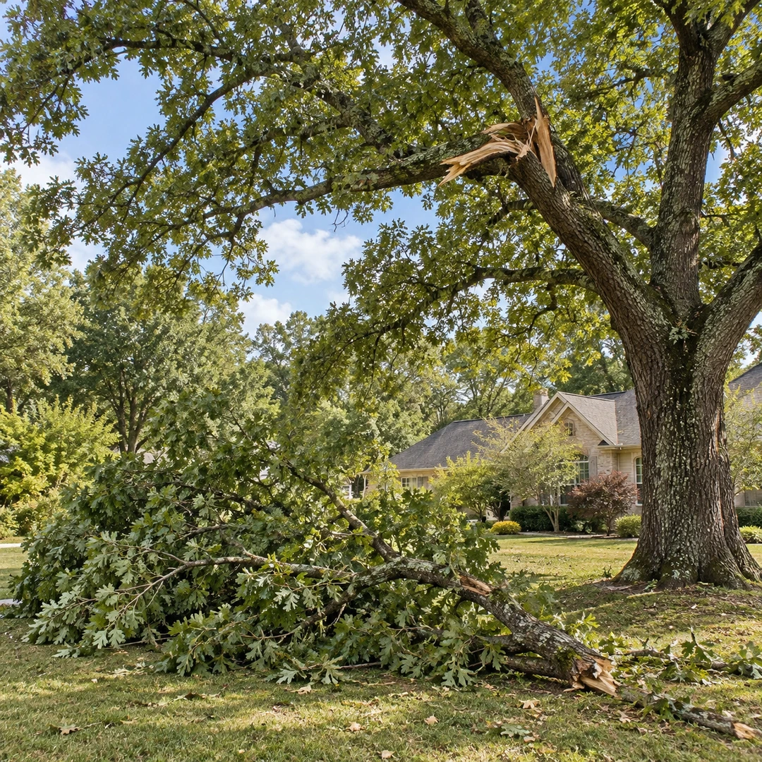 Fallen leafy limb beneath a storm cracked overhead branch