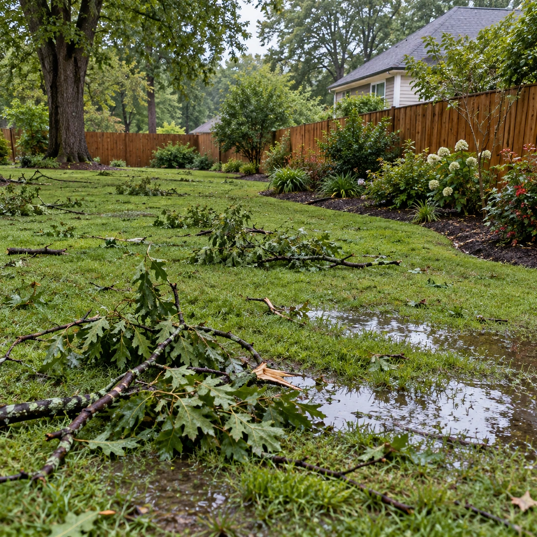 Small storm branches scattered across damp lawn