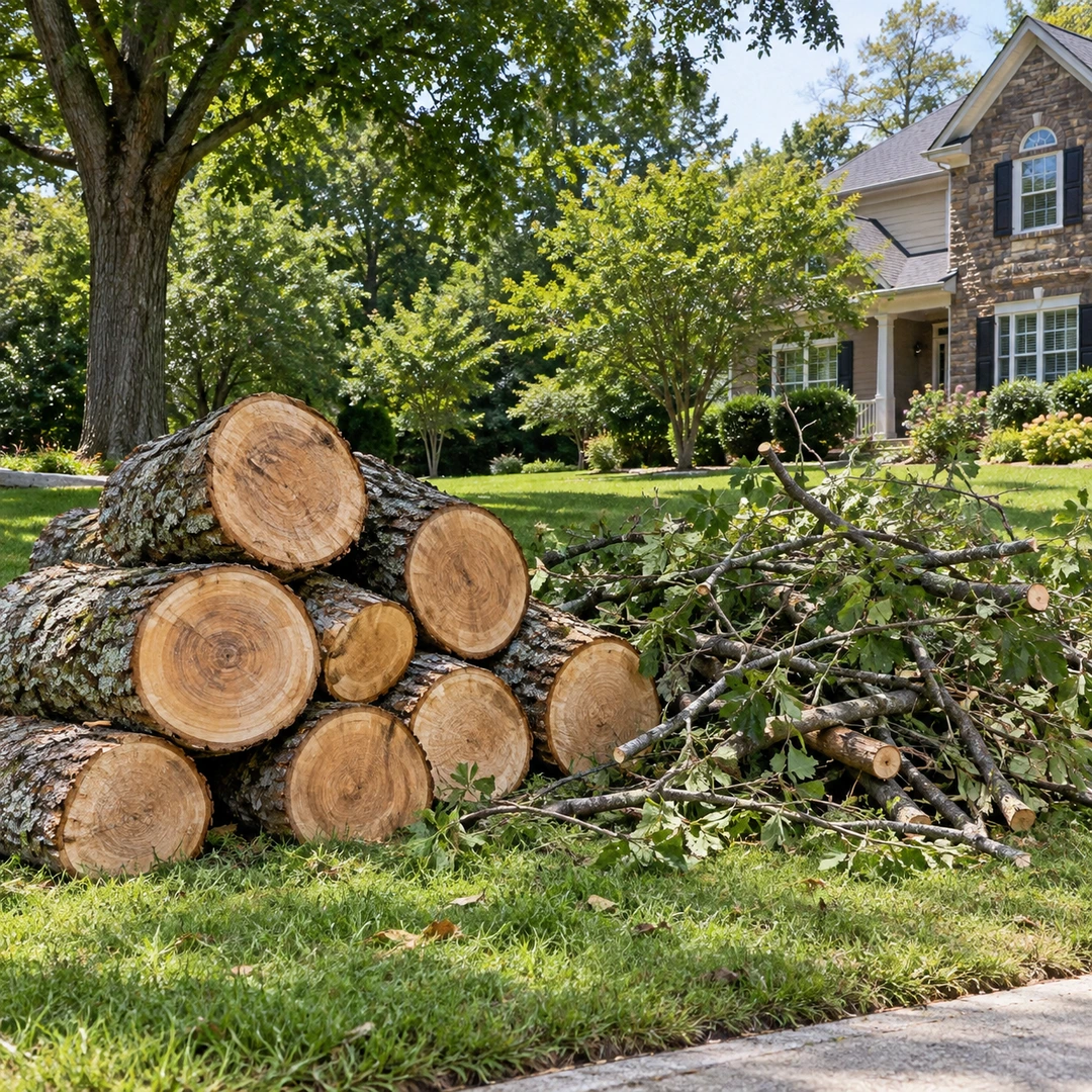 Trunk rounds stacked beside a smaller branch pile
