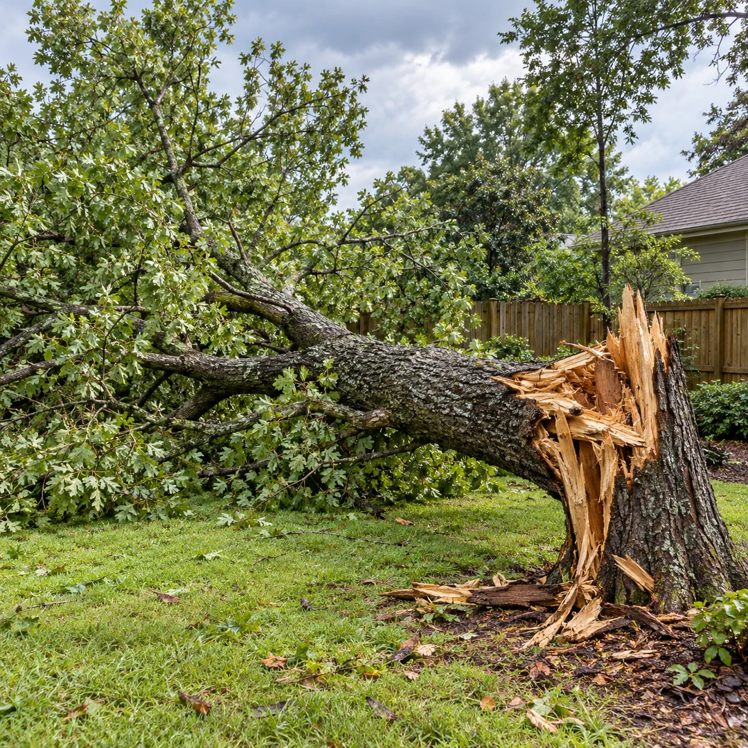 Storm fallen tree with a broken trunk near a wooden fence