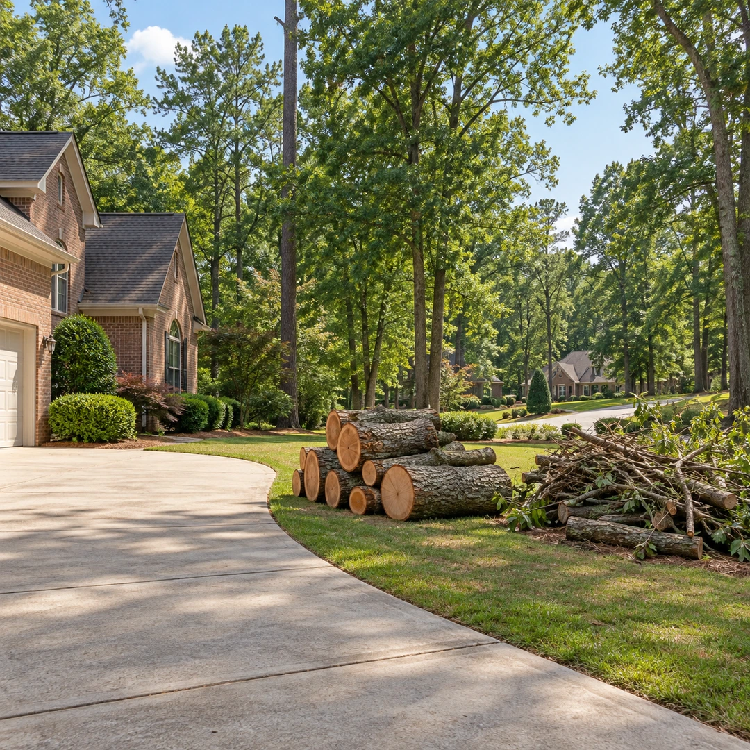 Clear driveway access beside grouped logs and branches