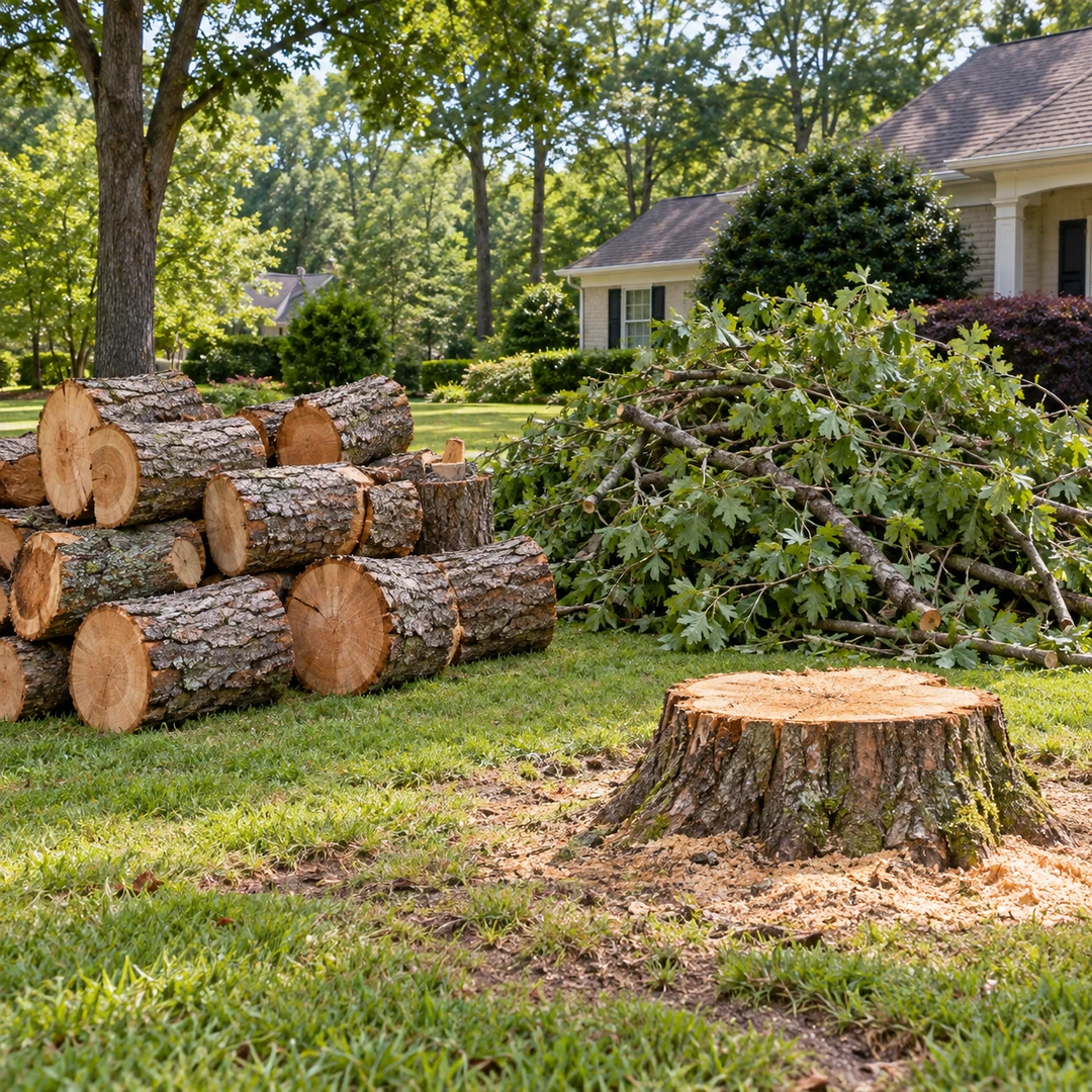 Trunk sections and leafy branches in separate piles near a stump