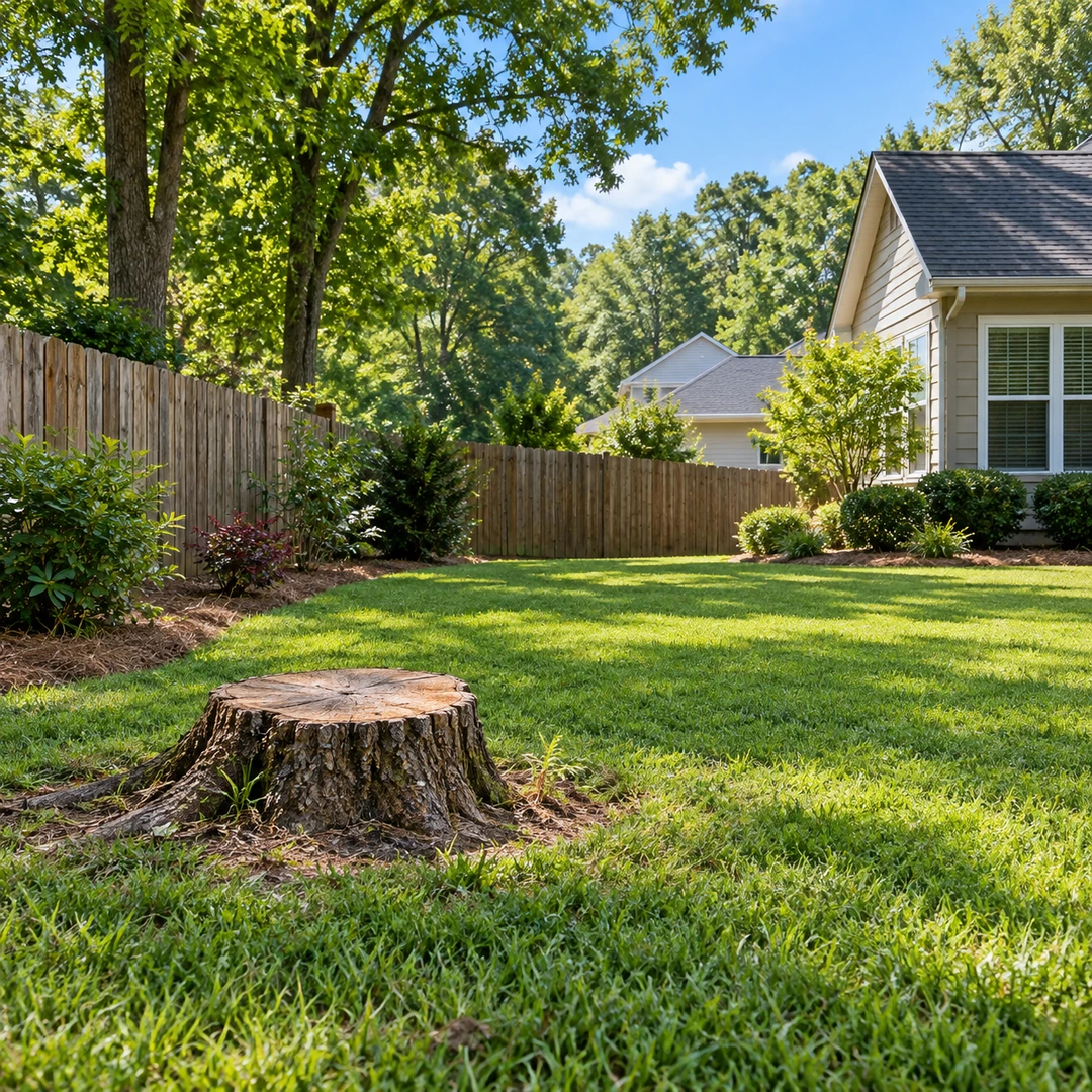 Low stump near a fence with clear grass approach