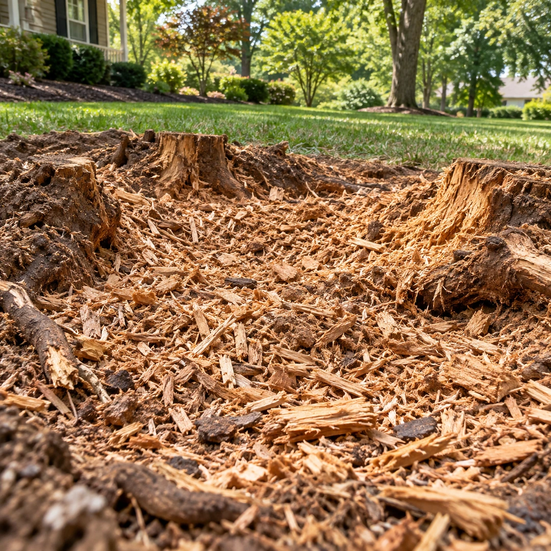 Fresh wood chips in a stump grinding depression