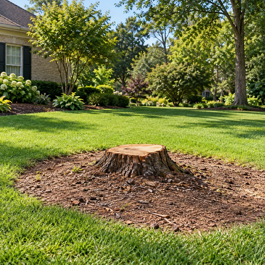 Cleared tree area with a low stump and bare soil patch