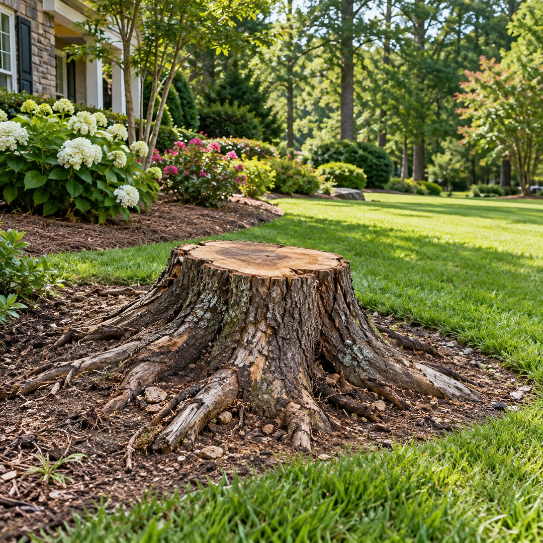 Short stump with natural roots beside a planting bed