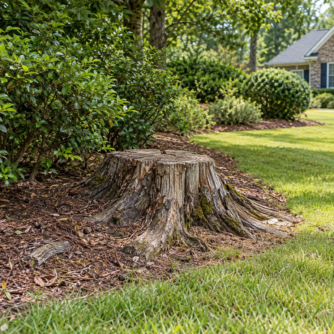 Weathered low stump with roots beside a shrub border