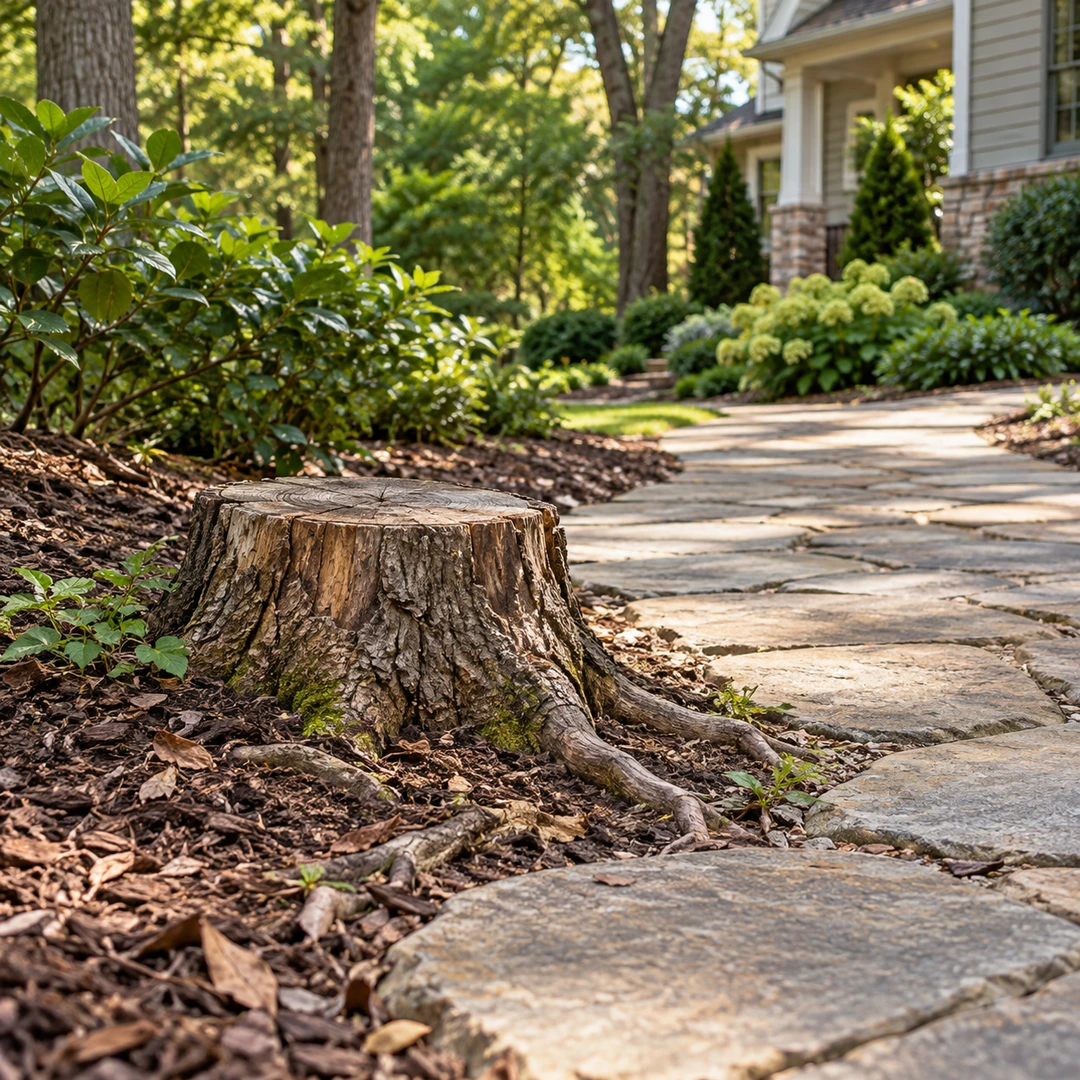 Low stump and natural roots beside a stone walking path