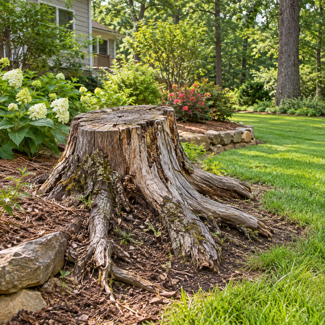 Old stump with exposed roots beside a planted garden