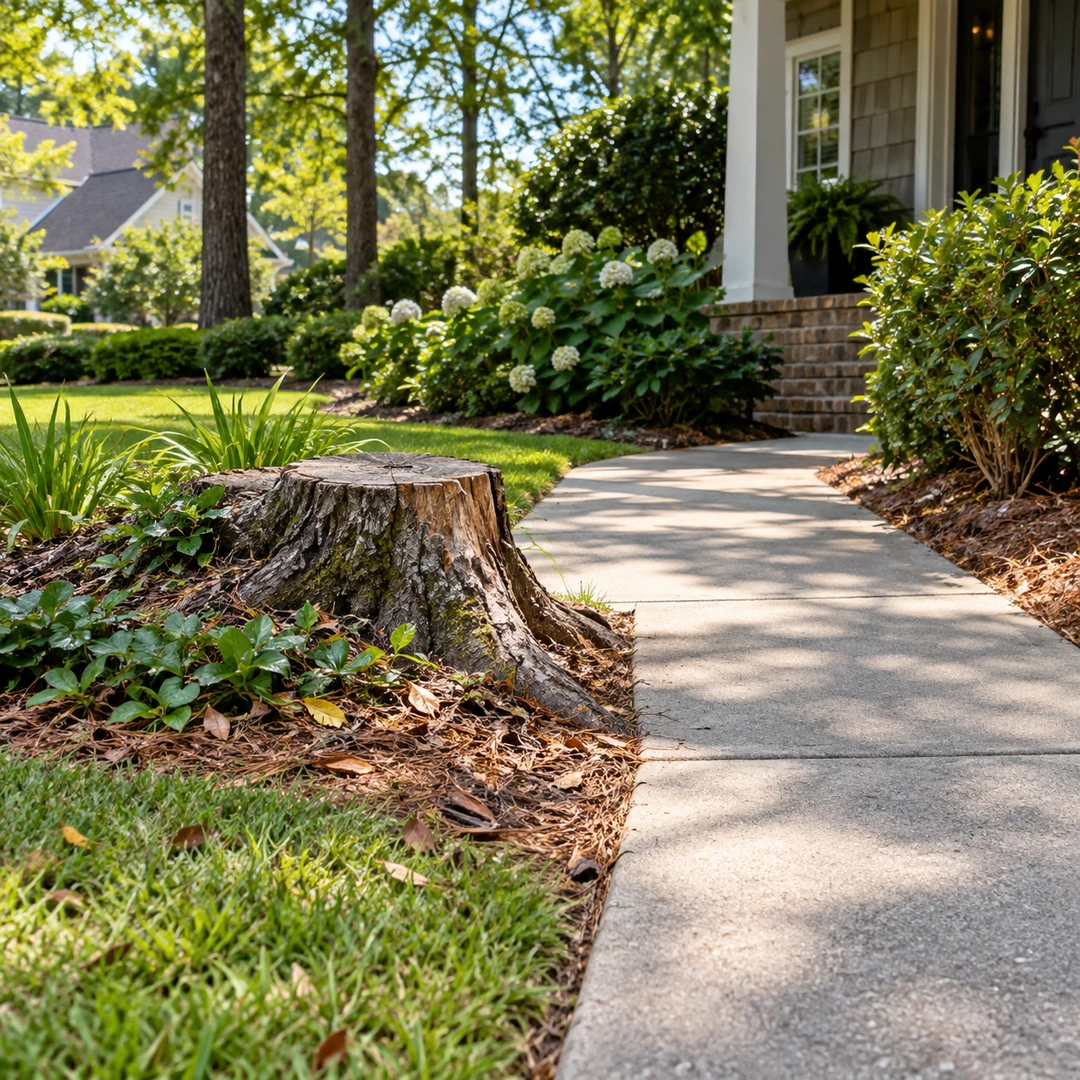 Low stump protruding beside a concrete garden path