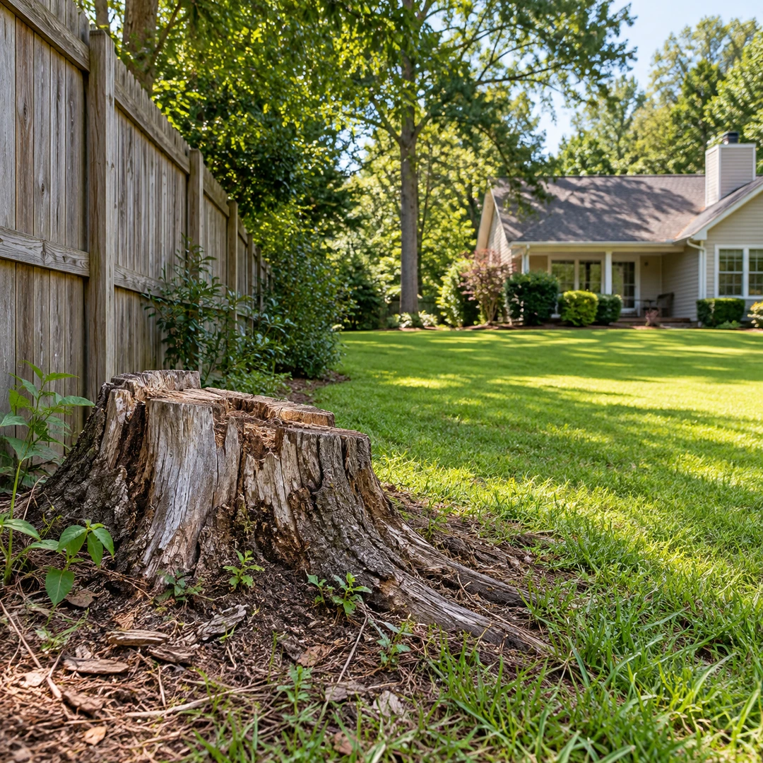 Weathered low stump beside a fence with broad lawn access