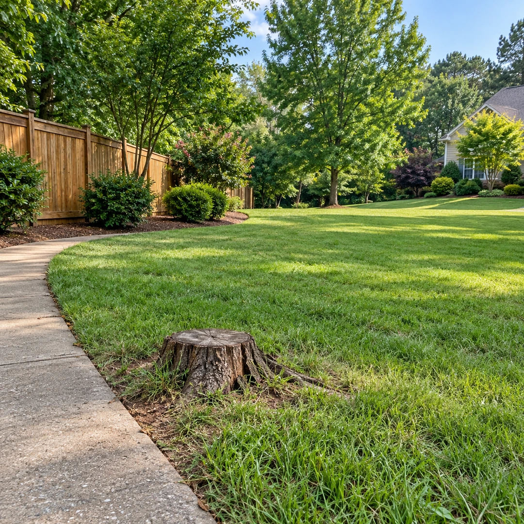 Low stump near a path edge with open grass access