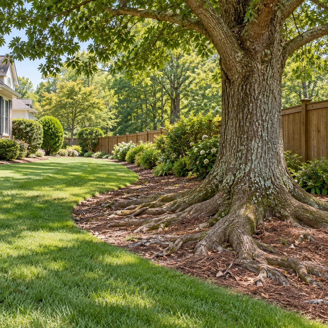 Mature tree with surface roots beside a lawn walking route