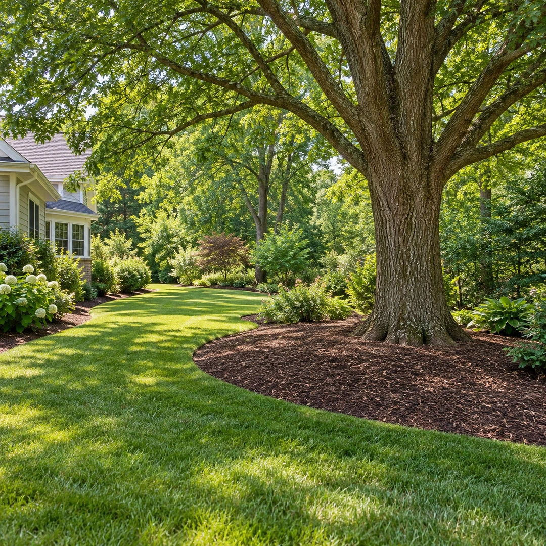 Retained shade tree beside a path with mulched root zone
