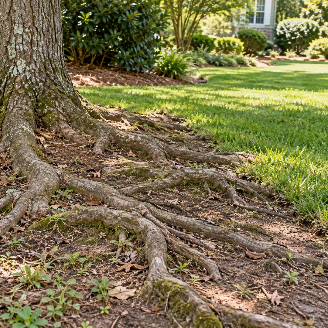 Naturally raised roots across soil near a lawn edge