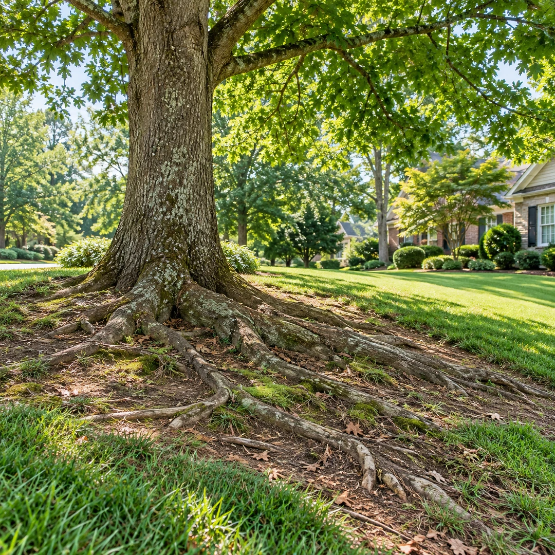 Natural shallow roots beneath a mature healthy tree