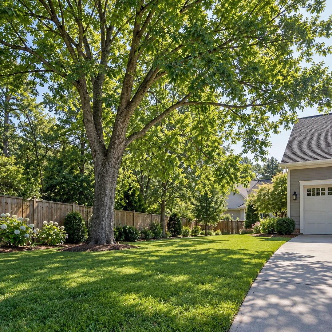 Mature shade tree beside a clear lawn and driveway