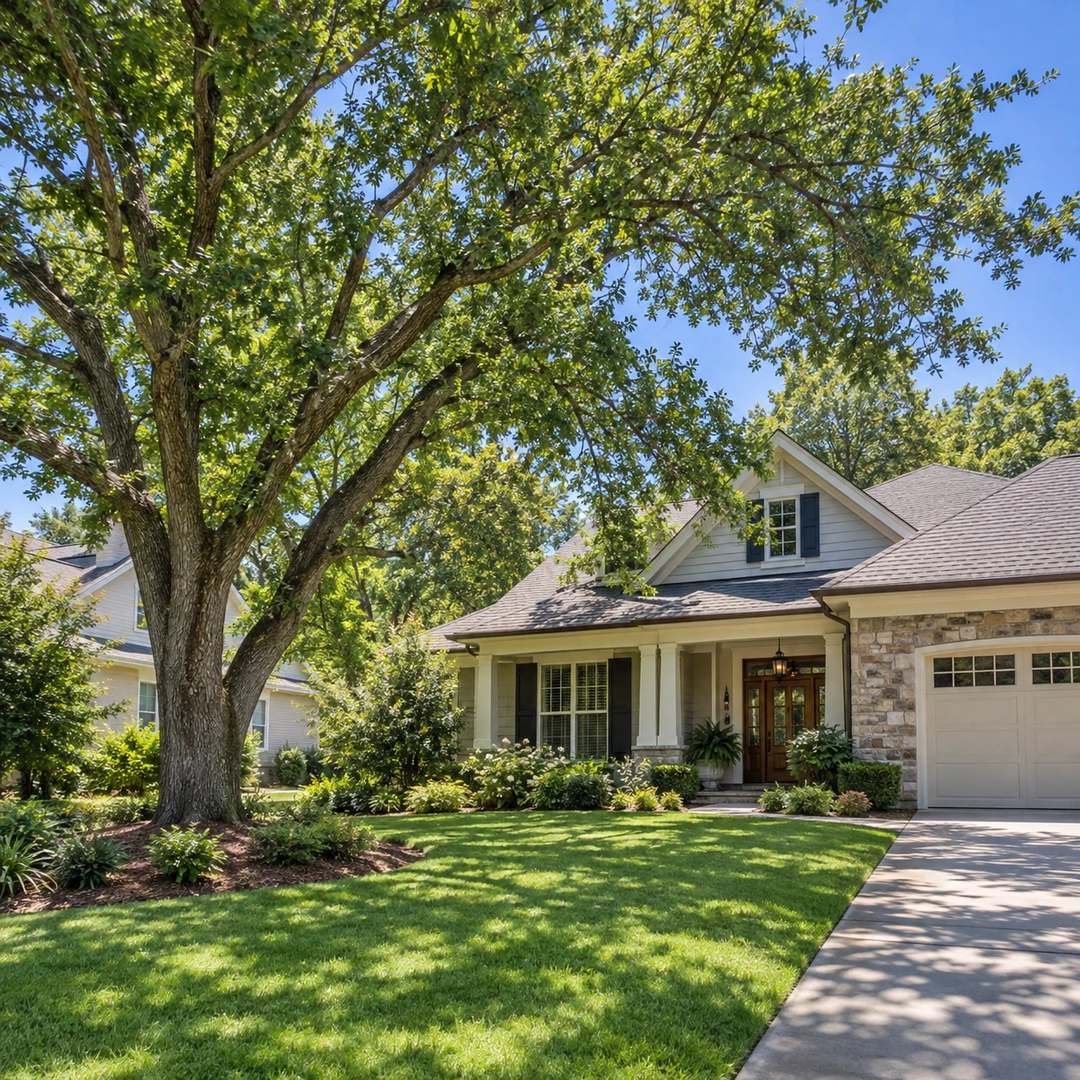 Mature shade tree beside a house and driveway