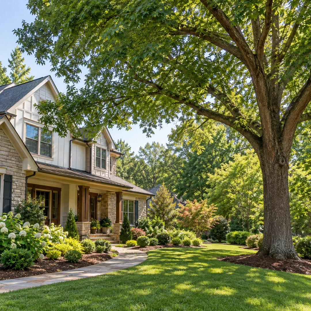 Retained shade tree beside a landscaped lawn path