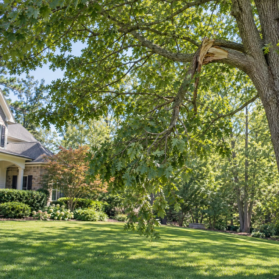 Cracked lateral limb hanging above an empty lawn