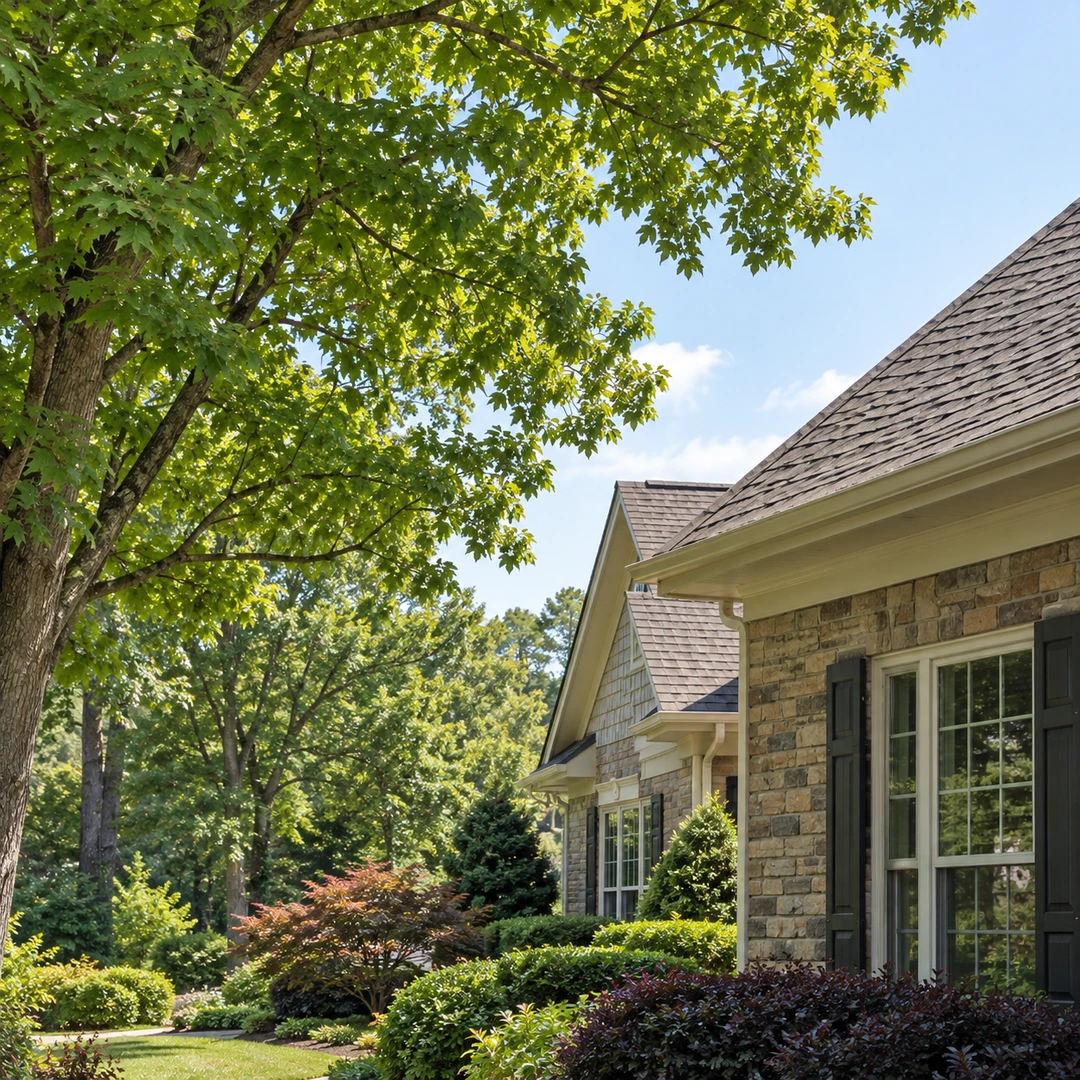 Clear gap between leafy branches and a shingled roof edge
