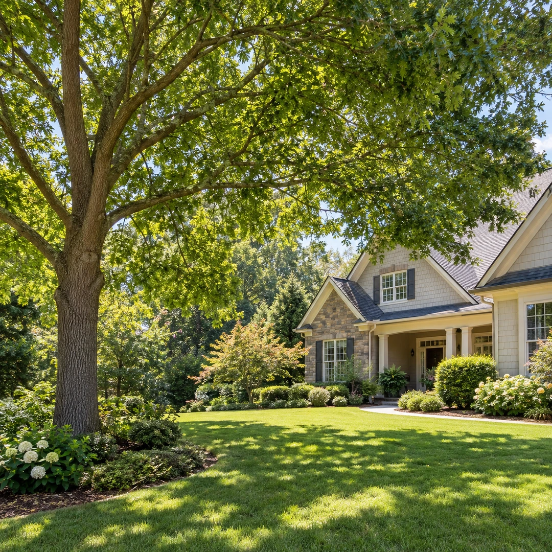 Shade tree casting dappled light across lawn