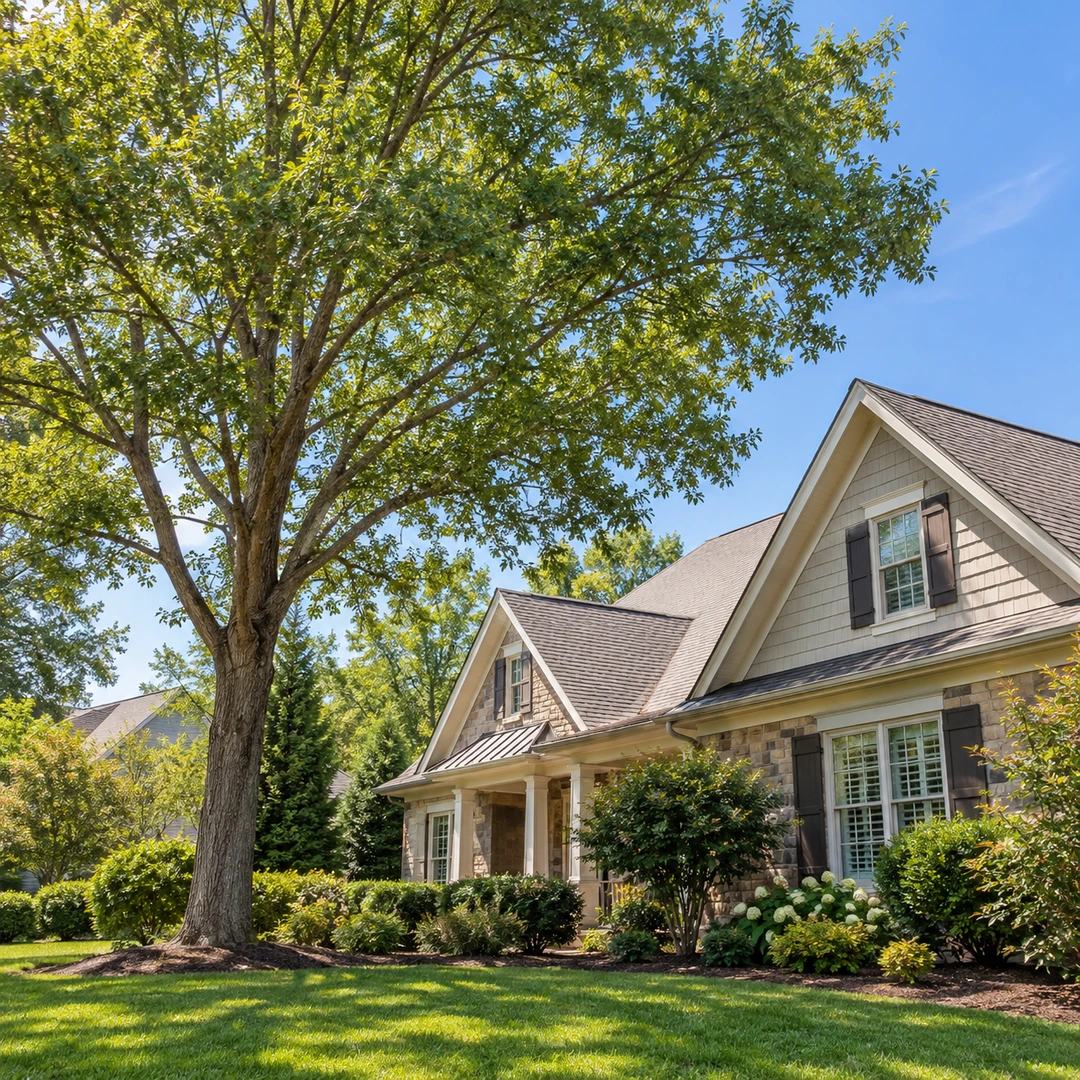 Healthy mature tree with canopy clearance near a roof