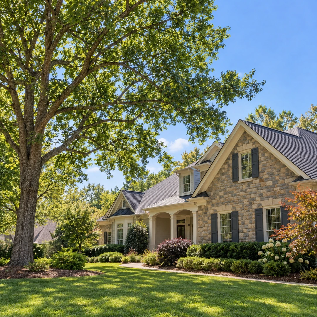 House roofline beside a mature tree with lawn access