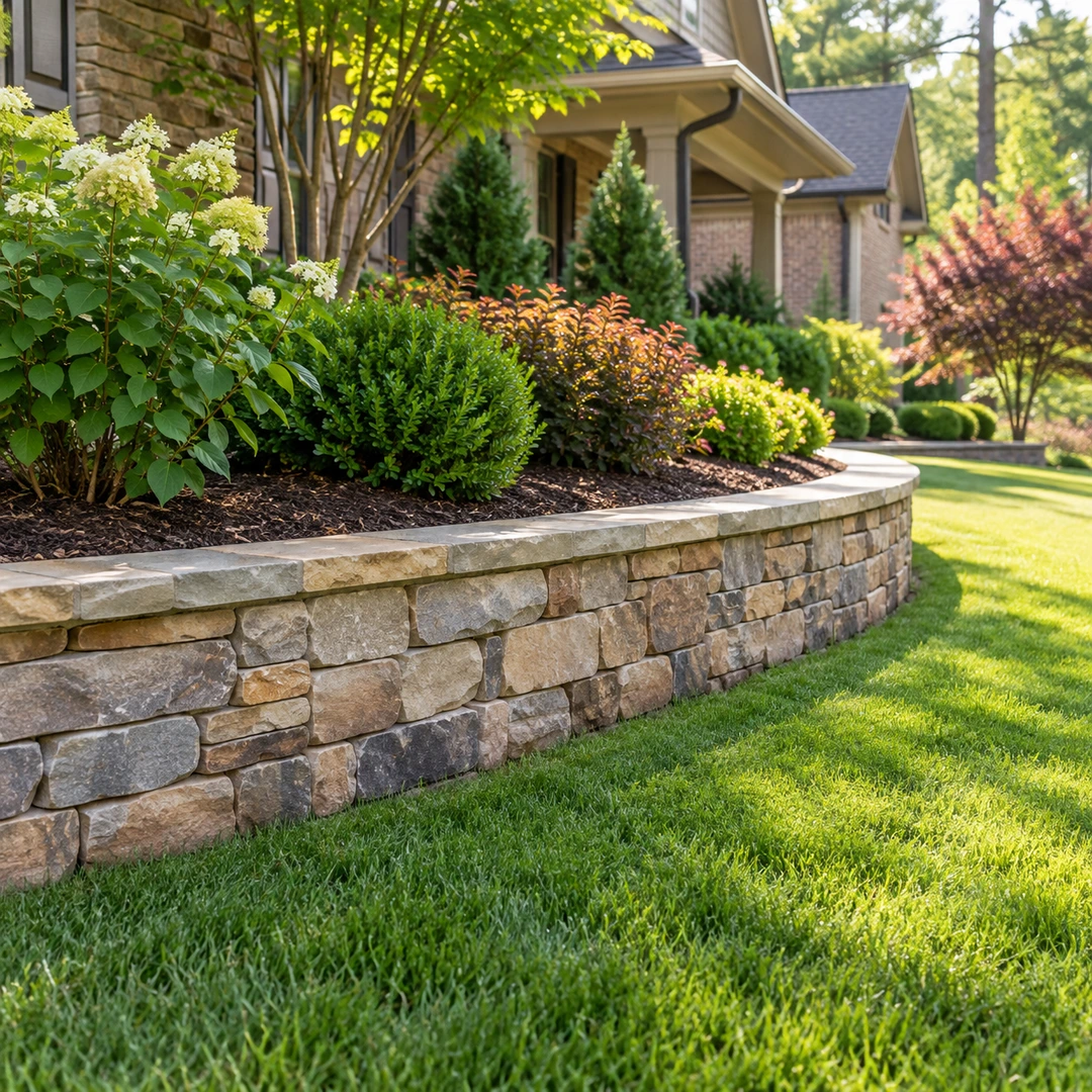 Short curved retaining wall above a planted garden edge