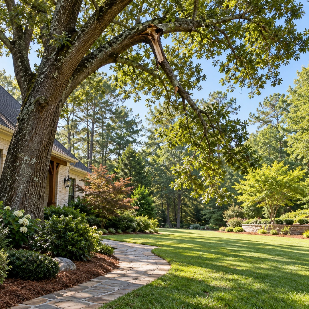 Empty lawn path below a hanging broken limb
