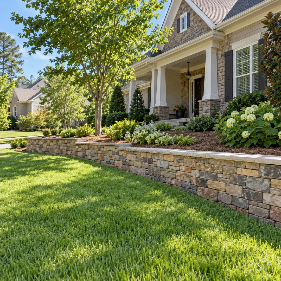 Low stone wall beside a gently sloping suburban lawn