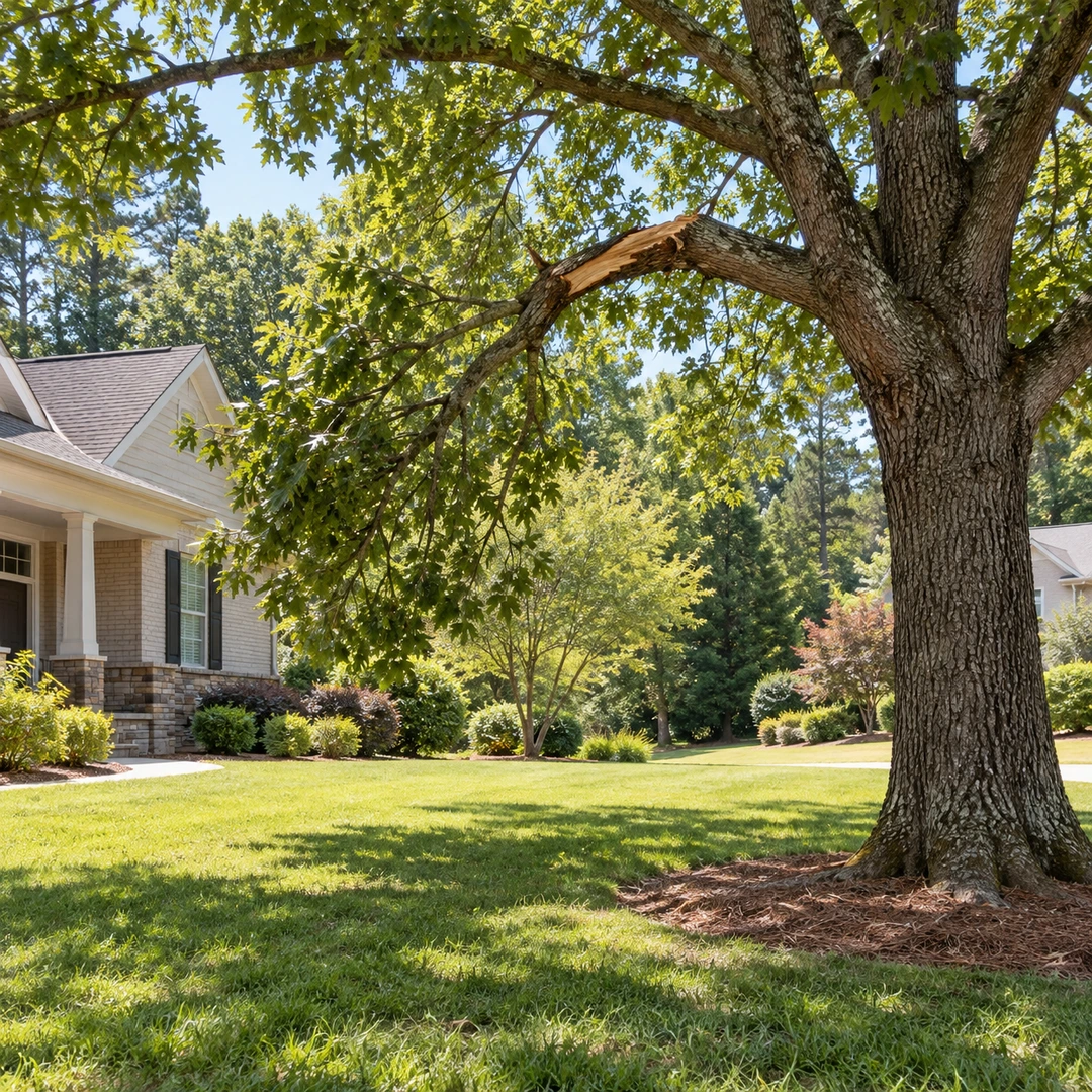 Cracked hanging branch above a clear suburban lawn