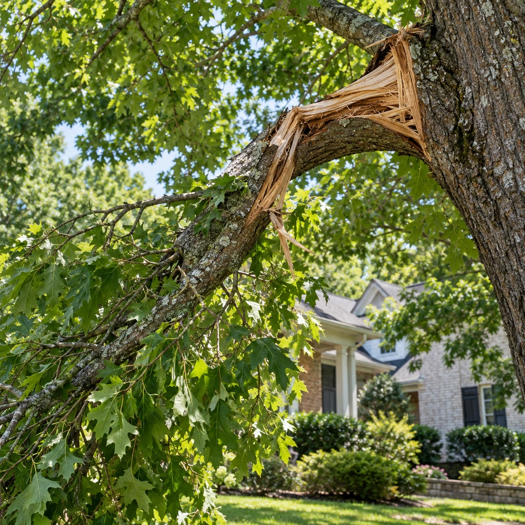 Storm split lateral branch hanging in a leafy canopy