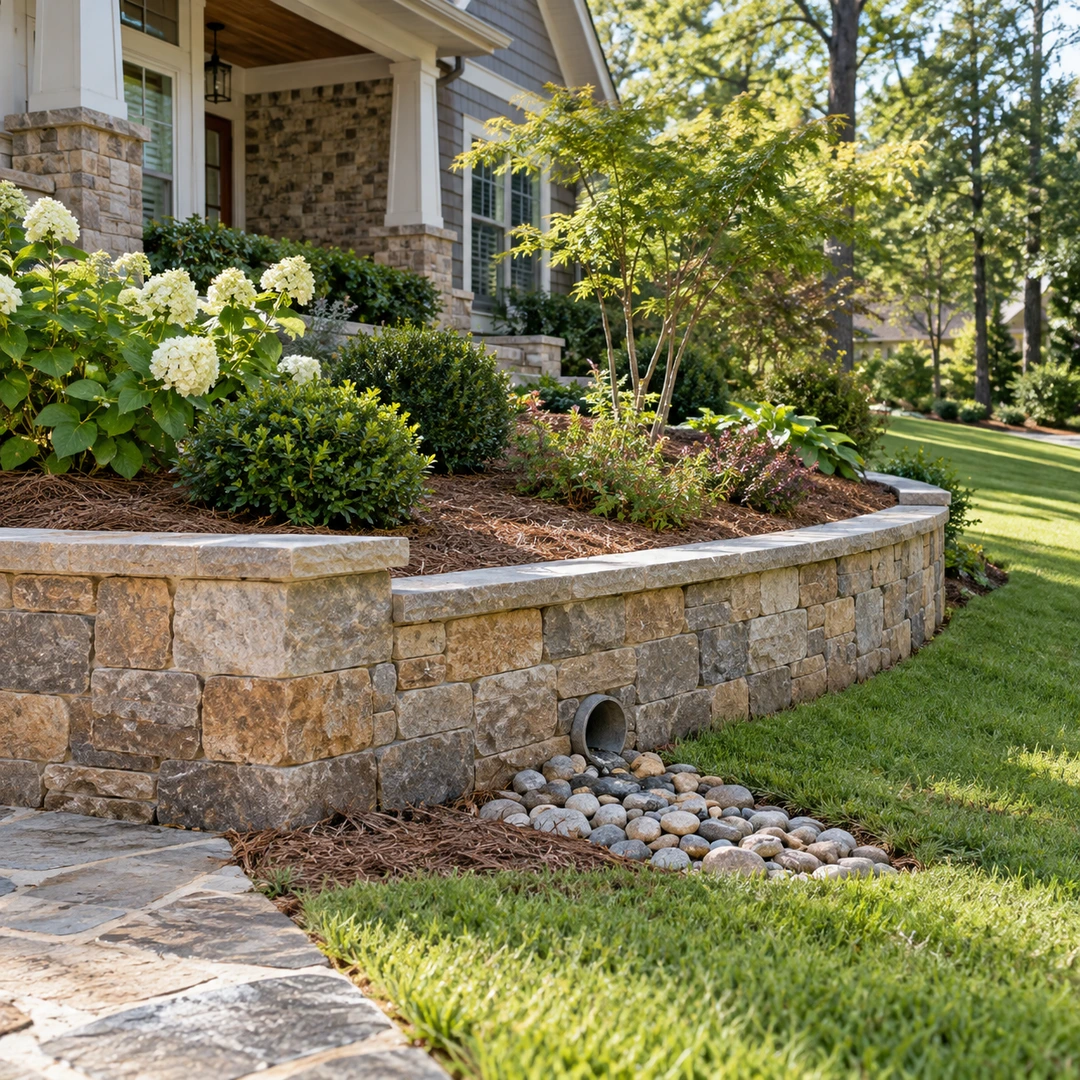Capped garden wall with an outlet above a stone bed