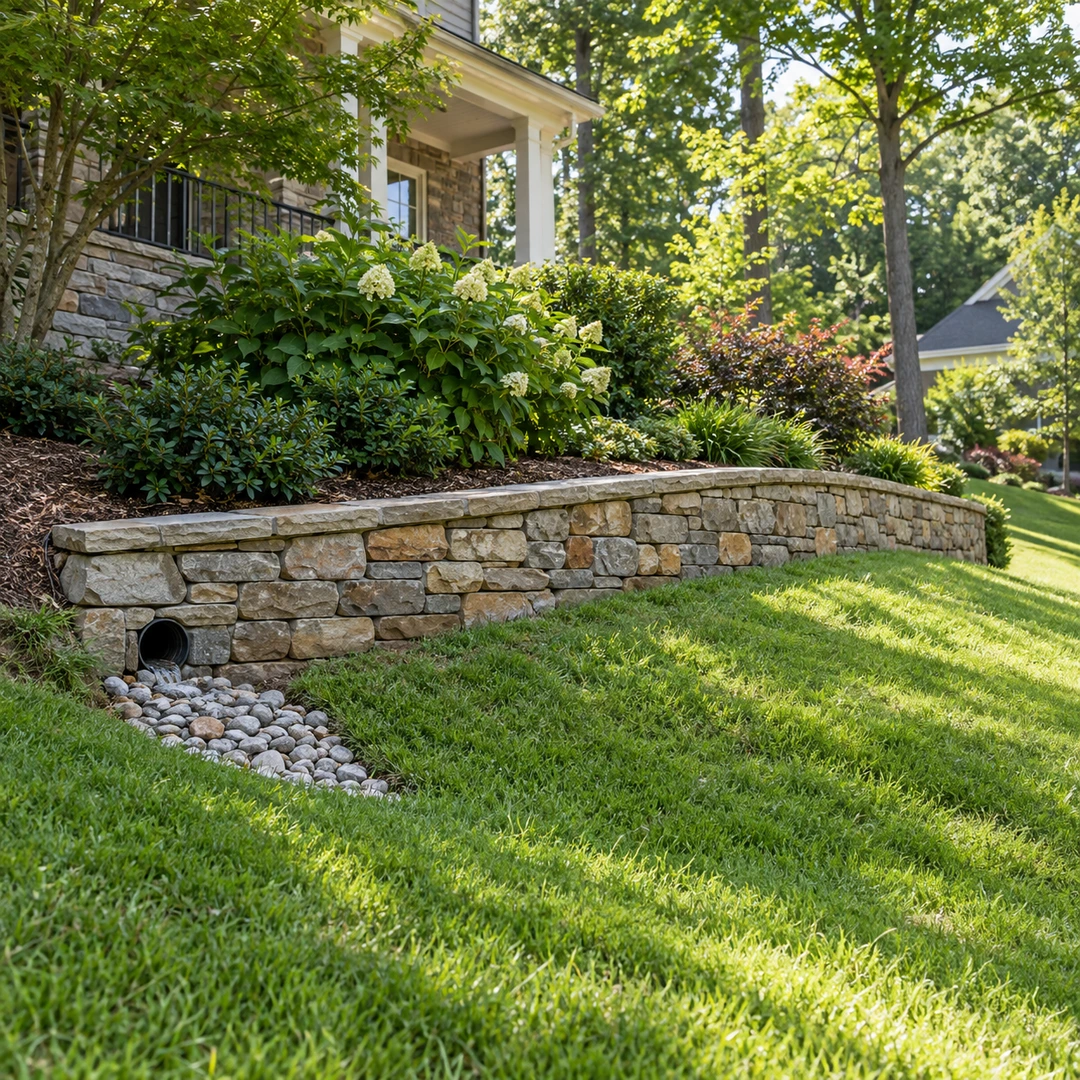 Low wall supporting soil and shrubs above grass