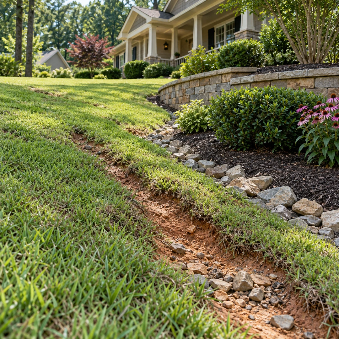 Shallow erosion groove exposing soil on a lawn slope